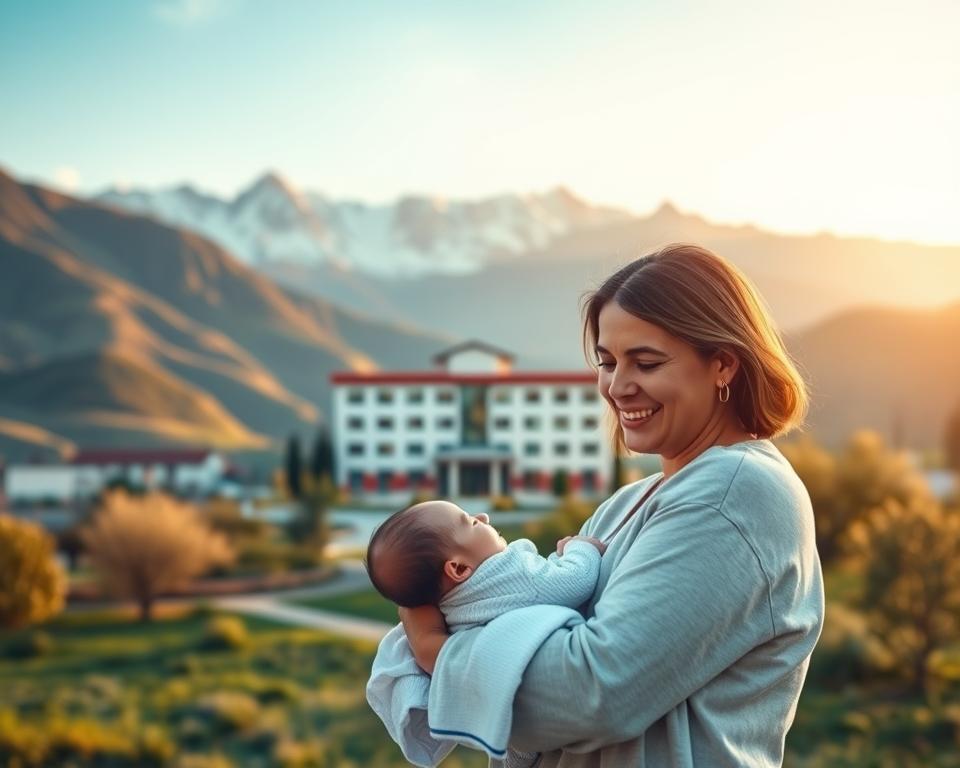 A tranquil Armenian landscape with majestic mountains in the background, a modern medical clinic standing prominently in the middle ground, and a warm, nurturing atmosphere enveloping the scene. In the foreground, a single parent, their face filled with joy and anticipation, embraces a newborn child, symbolizing the legal and social acceptance of single parent surrogacy in this progressive nation. Soft, natural lighting casts a serene glow, capturing the emotional and legislative harmony of this unique family-building journey. The image conveys the welcoming spirit of Armenia's surrogacy industry, where single individuals can realize their dreams of parenthood.