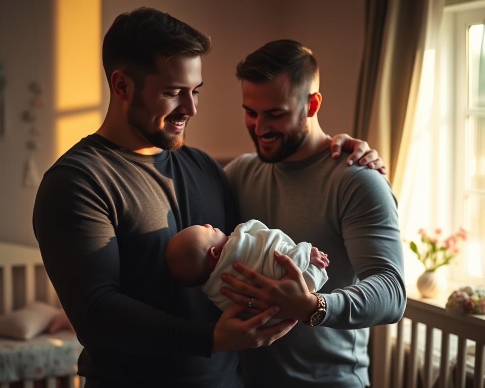 A warm, dimly lit scene of two fathers standing together, one holding a newborn baby in their arms, the other gently resting a hand on their partner's shoulder. The men's faces are filled with joy and wonder, their eyes locked on the tiny bundle, bathed in soft, golden light filtering through a window. In the background, a cozy, intimate nursery space with hints of pastel colors and delicate floral accents, creating a sense of comfort and loving care. The image conveys the profound emotions and cherished moments of two men embarking on the rewarding journey of fatherhood through surrogacy.