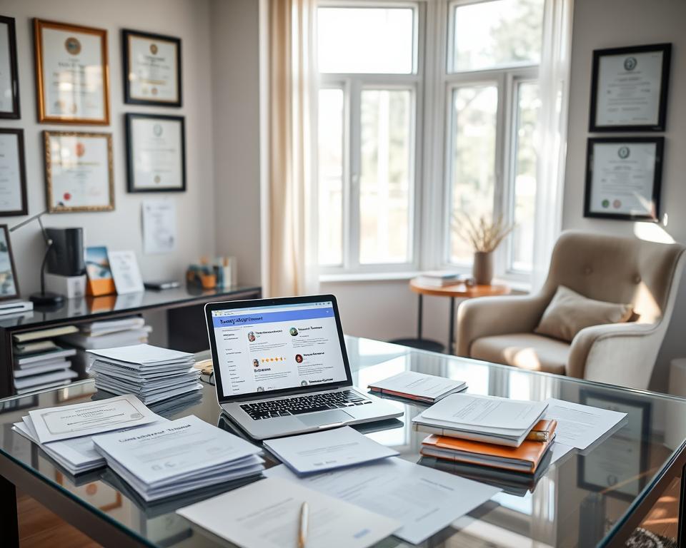 A well-lit and organized office setting, with a glass-topped desk showcasing various documents, brochures, and folders labeled "Surrogacy Agency Reviews". On the desk, a laptop displays a webpage with customer testimonials and ratings of different surrogacy agencies. The walls are adorned with certificates and accreditations, conveying a sense of professionalism and trustworthiness. Soft, natural lighting filters in through large windows, creating a warm and inviting atmosphere. A cozy armchair is positioned nearby, suggesting a space for thoughtful consideration of the available options. The overall scene evokes a sense of research, diligence, and careful decision-making in the process of selecting the right surrogacy agency.