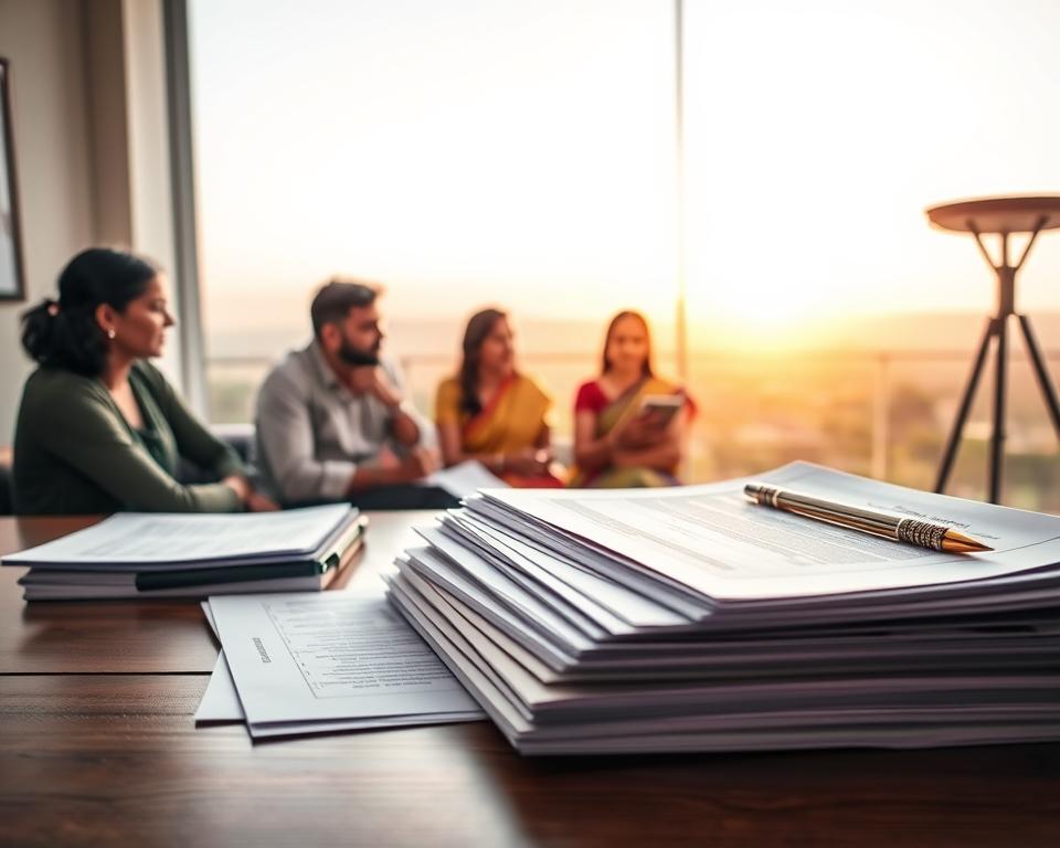 A well-lit, high-resolution photograph of the legal requirements for surrogacy in India. The foreground depicts a stack of official legal documents, contracts, and forms, neatly organized on a wooden desk. The middle ground shows a supportive, diverse family sitting around the desk, discussing the surrogacy process. The background features a serene, sun-drenched Indian landscape, hinting at the cultural context. The overall mood is professional, informative, and empowering, conveying the legal framework and social acceptance of surrogacy in India.