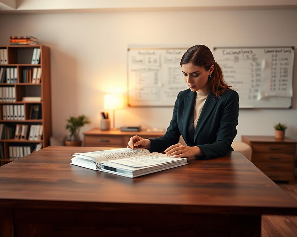A well-lit office interior with a large wooden desk in the center. On the desk, a woman in a business suit is reviewing financial documents, her brow furrowed in concentration. In the background, a bookshelf filled with accounting ledgers and a wall-mounted whiteboard with calculations scribbled upon it. Subtle warm lighting casts a soothing glow, creating an atmosphere of thoughtful financial planning. The scene conveys a sense of careful budgeting and risk management, reflecting the challenges and complexities of managing surrogacy costs.