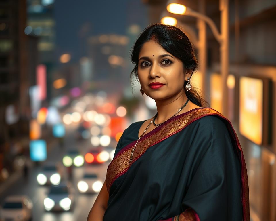 A well-lit, visually striking image of a surrogate mother in Mumbai, India. In the foreground, a woman in traditional Indian attire stands confidently, her expression serene and composed. Behind her, a softly blurred urban landscape of Mumbai's bustling streets and skyscrapers. The lighting is warm and inviting, casting a gentle glow on the scene. The overall mood is one of empowerment, highlighting the strength and dignity of the surrogate mother. The image conveys the eligibility requirements for becoming a surrogate mother in Mumbai - a woman of good health, financial stability, and unwavering commitment to the process.