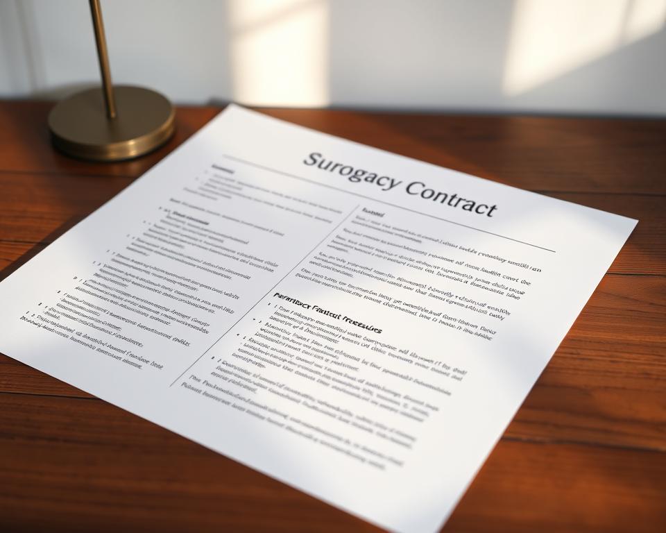 Formal legal document covering surrogacy contract requirements, displayed on a wooden desk with a minimalist, clean layout. The contract pages have a crisp, high-resolution appearance, with carefully structured sections and bullet points outlining key elements such as parental rights, financial considerations, and medical procedures. Soft, directional lighting from the side creates depth and highlights the textured surface of the document. The overall mood is professional, authoritative, and conveys the gravity and importance of the surrogacy process.