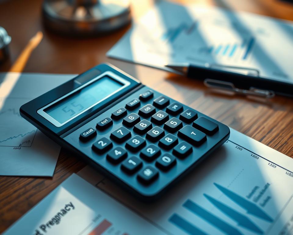 A detailed illustration of estimated surrogate pregnancy costs. A focused close-up view of a calculator on a wooden desk, with financial documents and graphs surrounding it. The calculator's display shows a precise monetary figure, underscoring the tangible costs involved. The scene is bathed in warm, natural lighting, creating a contemplative mood. The depth of field is shallow, keeping the calculator in sharp focus while the background elements are softly blurred. The overall composition conveys the gravity and seriousness of the financial considerations surrounding surrogate pregnancy.