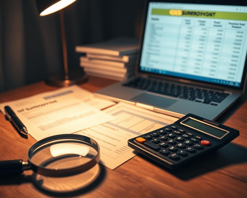 A dimly lit room with a calculator, medical paperwork, and a laptop on a wooden desk. The foreground features a magnifying glass and a calculator, symbolizing the financial scrutiny involved in IVF surrogacy. The middle ground showcases various medical documents, representing the complex legal and medical aspects. In the background, a laptop screen displays cost breakdowns, highlighting the need for thorough financial planning. The lighting is soft and warm, creating an atmosphere of contemplation and attention to detail. The overall scene conveys the multifaceted nature of factors affecting IVF surrogacy costs, such as legal fees, medical expenses, and administrative requirements.