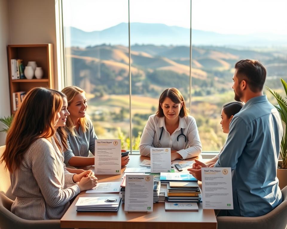 A modern and welcoming surrogacy clinic set against the backdrop of the iconic California landscape. In the foreground, a diverse group of prospective parents gather around a table, discussing their options with a knowledgeable clinician. The room is bathed in warm, natural light, conveying a sense of comfort and care. In the middle ground, various informational materials and financial resources are displayed, highlighting the affordable and transparent nature of the clinic's services. The background features a panoramic view of rolling hills and lush greenery, a testament to the golden state's natural beauty. The overall mood is one of inclusivity, professionalism, and a commitment to making surrogacy accessible to a wide range of families.