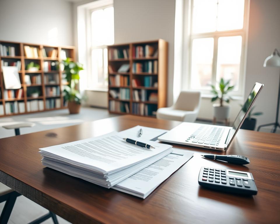 A spacious and well-organized office interior, bathed in warm, natural lighting from large windows. On a sleek wooden desk, a stack of legal documents and files sits next to a laptop, a pen, and a calculator, representing the complex financial considerations of surrogacy. In the background, bookshelves line the walls, conveying a sense of professionalism and expertise. The room has a calming, neutral color palette, with touches of greenery adding a soothing, natural element. The overall atmosphere suggests a thoughtful, well-informed approach to navigating the legal and financial aspects of the surrogacy process.