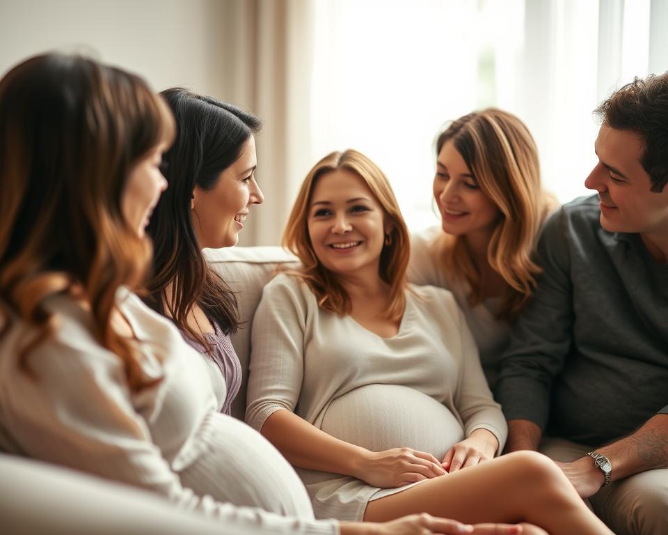 A warm, intimate conversation between a surrogate mother and intended parents, captured in a softly lit living room setting. The surrogate sits comfortably on a couch, leaning forward with a compassionate expression, as the intended parents listen attentively, their faces filled with hope and gratitude. The room is bathed in gentle, natural light, creating a sense of openness and trust. The composition focuses on the central figures, with the background blurred to emphasize the personal nature of the exchange. This scene conveys the deep connection and mutual understanding that can develop between surrogates and intended parents during the surrogacy journey.
