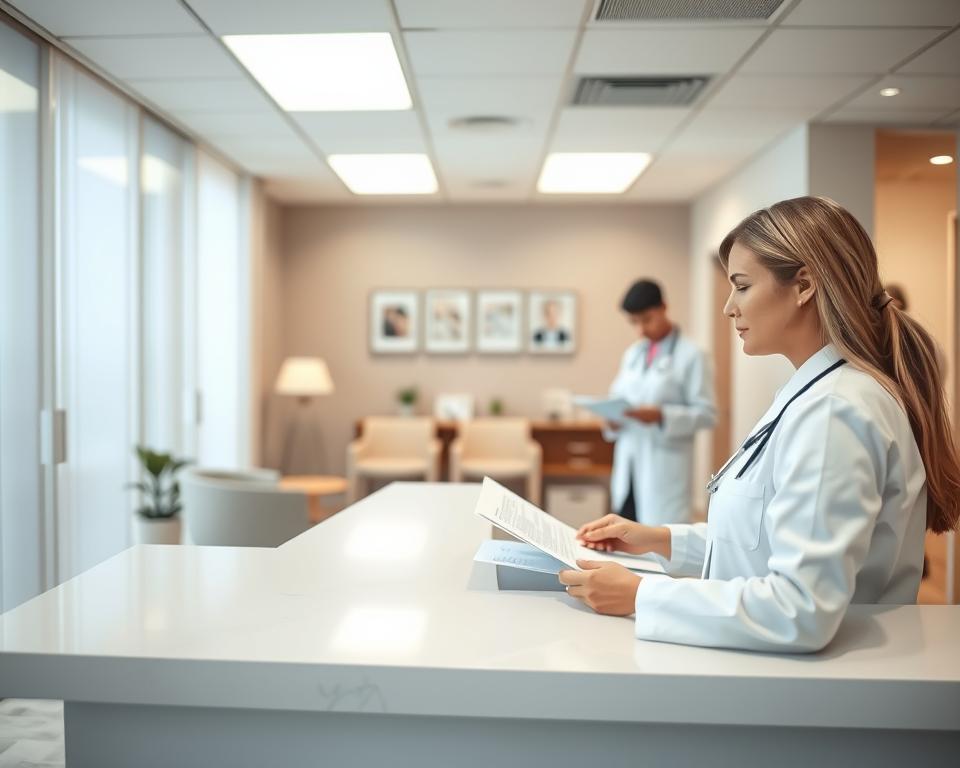 A well-lit clinic interior, with a receptionist's desk in the foreground. Behind it, medical staff meticulously review files and documents, ensuring a thorough screening process for surrogate candidates. The middle ground features a waiting area with comfortable chairs, conveying a sense of professionalism and care. In the background, a warm, neutral-toned color palette and subtle decorative elements create a calming, inviting atmosphere. The scene exudes a sense of diligence, attention to detail, and a steadfast commitment to the well-being of both surrogates and intended parents.