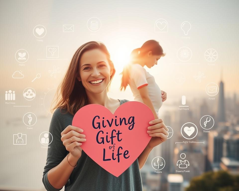 A well-lit, crisp photograph showcasing the benefits of egg donation. In the foreground, a smiling woman holding a heart-shaped sign that reads "Giving the Gift of Life." Behind her, a serene, sun-drenched scene of a mother and child, representing the joy of parenthood enabled by egg donation. The middle ground features various medical icons and symbols, signifying the medical expertise and support available to donors. In the background, a soft, blurred cityscape, conveying the idea of expanding family and community. The overall mood is one of warmth, empowerment, and the profound impact of egg donation.