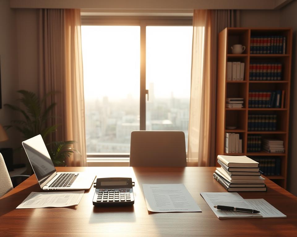 A well-lit, realistic interior shot of a modern Indian home office. In the foreground, a wooden desk with a laptop, calculator, and documents neatly arranged. In the middle ground, a bookshelf filled with law books and business guides. The background features a large window overlooking a cityscape, with the sun casting a warm glow. The overall atmosphere is one of professionalism and financial responsibility, conveying the serious yet approachable nature of the surrogacy process in India.