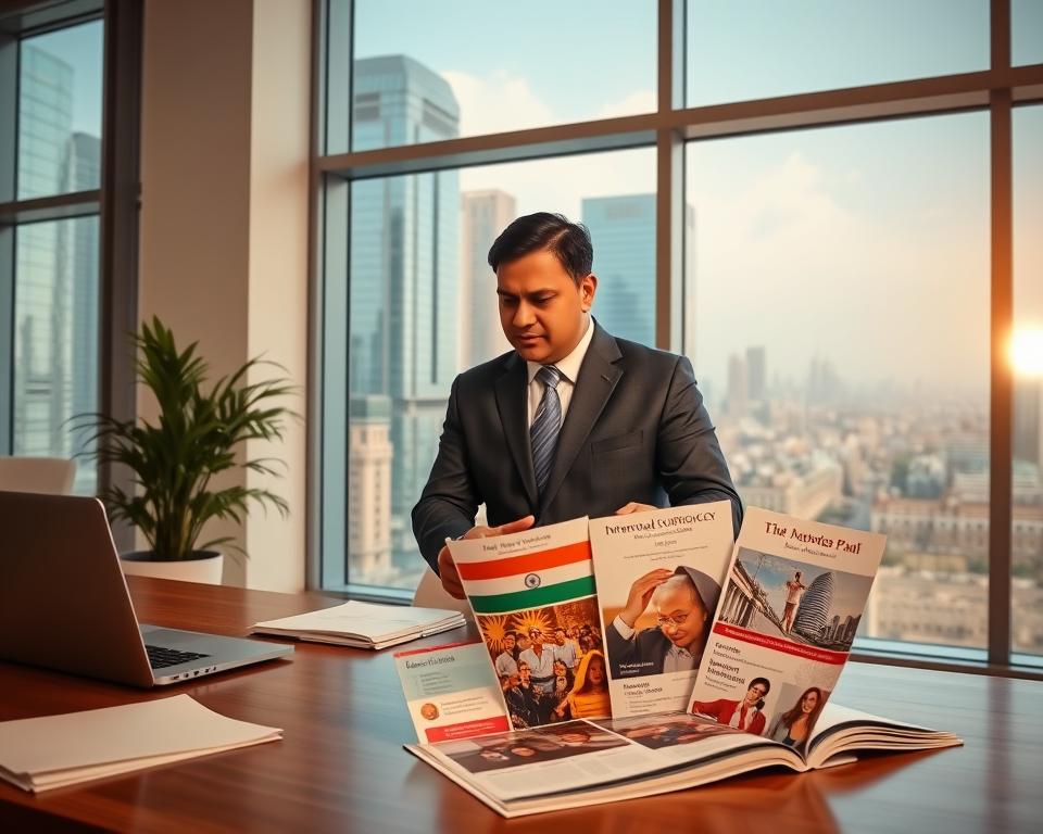 A modern office interior with a large window overlooking a cityscape of skyscrapers and vibrant streets. In the foreground, a desk with a laptop, some documents, and a potted plant. On the desk, there are brochures and pamphlets showcasing different international surrogacy programs, each with distinct flags and imagery. The middle ground features a well-dressed professional, likely an Indian citizen, reviewing the materials with a thoughtful expression. The lighting is warm and natural, casting a soft glow throughout the scene. The atmosphere conveys a sense of exploration, research, and the consideration of global options for surrogacy.