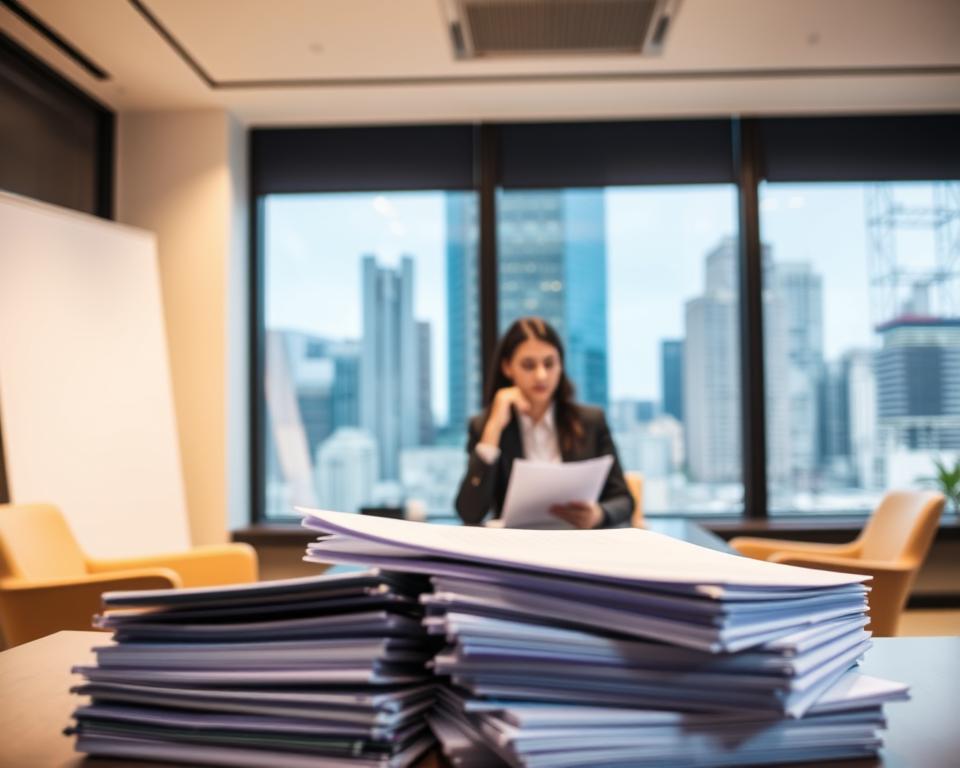 A well-lit interior office setting, with a modern desk and comfortable chairs. In the foreground, a stack of files and documents, representing the important considerations for selecting a surrogacy agency. In the middle ground, a thoughtful professional seated at the desk, contemplating the paperwork. The background features a large window overlooking a bustling city skyline, conveying a sense of the broader context and implications of the decision. The lighting is warm and inviting, creating an atmosphere of careful deliberation and expertise. The scene evokes a sense of diligence, professionalism, and the gravity of the choices involved in choosing the right surrogacy agency.