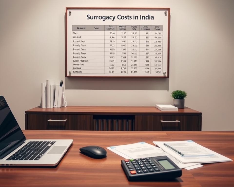 An elegantly designed workspace featuring a wooden desk, with a laptop, calculator, and paperwork neatly arranged. In the background, a wall-mounted display showcases a detailed breakdown of surrogacy costs in India, including medical expenses, legal fees, and other related charges. The lighting is soft and diffused, creating a professional and informative atmosphere. The overall composition emphasizes the financial considerations and transparency involved in the surrogacy process, aligning with the article's focus on evaluating the costs and financial aspects of surrogacy in India.