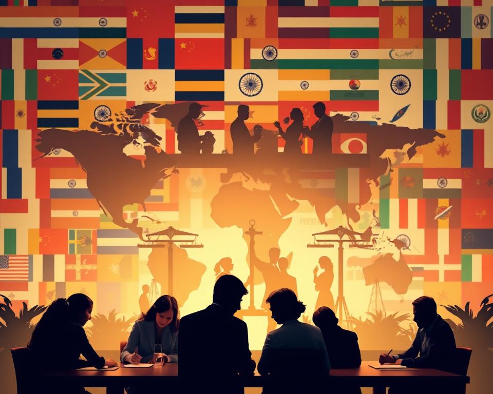 Prompt A high-resolution image depicting the legal intricacies of international surrogacy for Indian citizens. In the foreground, a group of individuals, representing diverse family structures, engaged in legal discussions and document signing. In the middle ground, a symbolic representation of international borders and legal frameworks, with silhouettes of government officials overseeing the process. The background features a patchwork of national flags, signifying the global nature of surrogacy arrangements. The lighting is warm and inviting, with a sense of professionalism and attention to detail. The overall mood conveys the complexities and challenges faced by Indian citizens navigating the legal aspects of cross-border surrogacy.