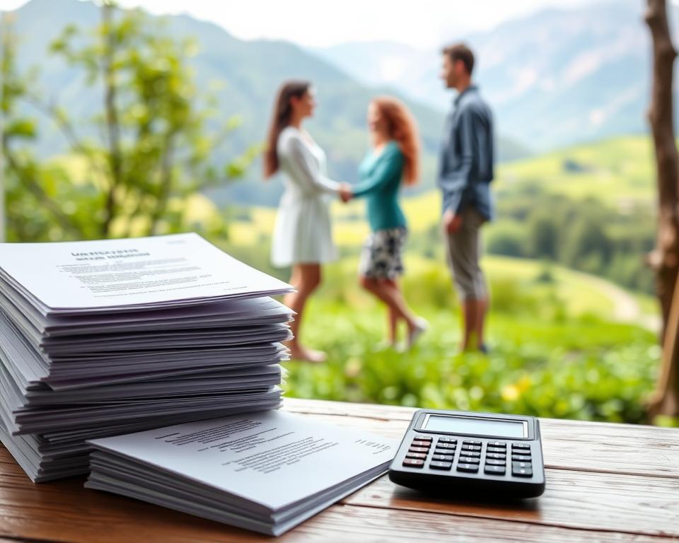A detailed breakdown of a surrogate compensation package in Georgia, depicted in a clean, professional style. The foreground features a stack of documents and a calculator, symbolizing the financial aspects. In the middle ground, a surrogate mother and prospective parents shake hands, conveying the contractual agreement. The background showcases the Georgian landscape, with lush greenery and a glimpse of the Caucasus Mountains, establishing the geographical context. The lighting is soft and natural, creating a warm, approachable atmosphere. The overall composition emphasizes the organized and transparent nature of surrogate compensation in Georgia.