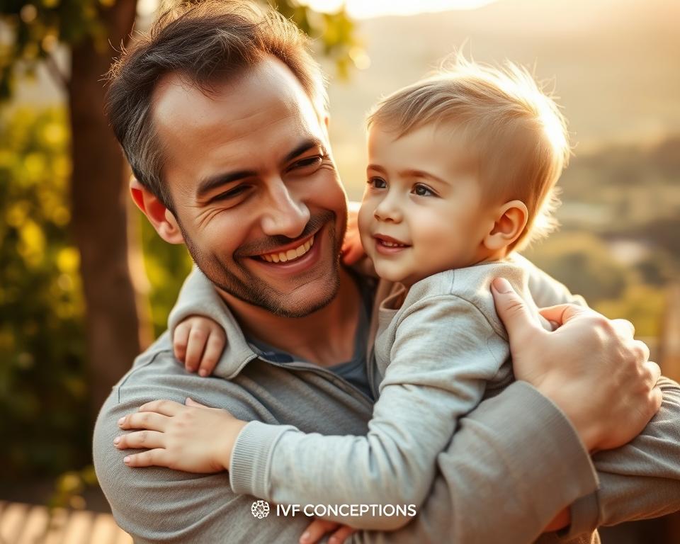 A kind, compassionate man with a warm smile, embracing a young child who looks up to him with adoration. The scene is bathed in soft, golden light, creating a cozy, intimate atmosphere. In the background, a serene, natural setting with lush greenery and a hint of a peaceful landscape. The man's gaze is filled with understanding and guidance, conveying the role of a surrogate father figure. IVF Conceptions logo is discreetly placed in the lower corner.