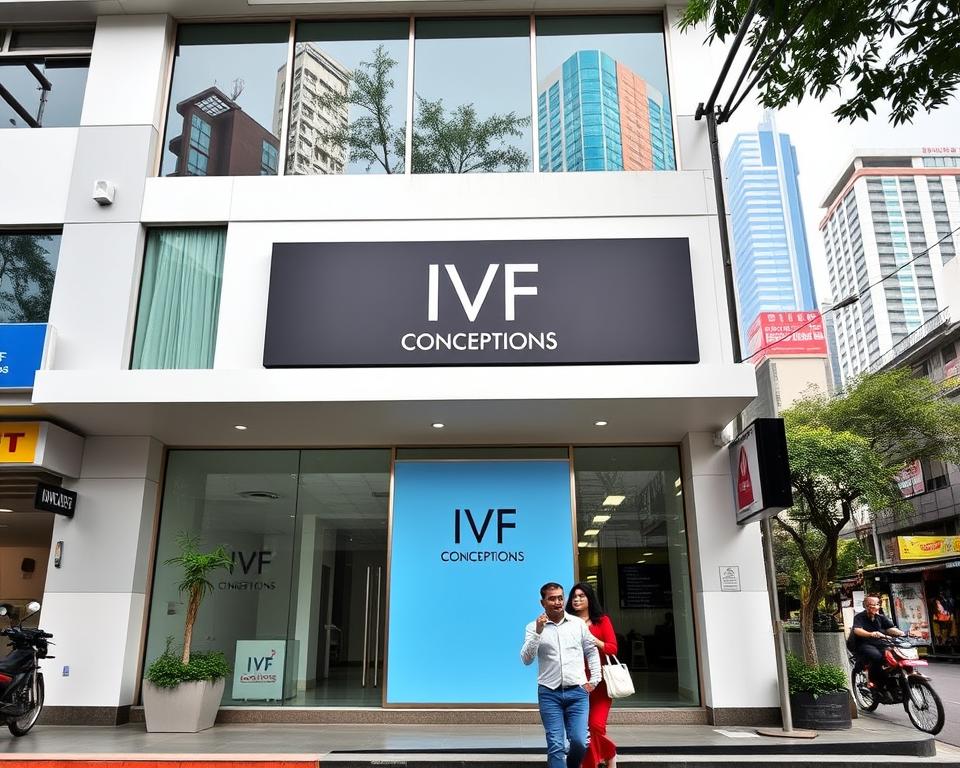 A modern medical clinic nestled in the bustling streets of Mumbai, featuring the "IVF Conceptions" brand. The facade is clean and welcoming, with large windows that let in natural light. In the foreground, a couple walks hand-in-hand, hopeful expressions on their faces as they approach the clinic's entrance. The middle ground showcases the clinic's signage, prominently displaying the "IVF Conceptions" logo. The background is a vibrant cityscape, with towering skyscrapers and the hum of activity. The scene conveys a sense of accessibility, professionalism, and the promise of affordable, high-quality IVF services for the people of Mumbai.