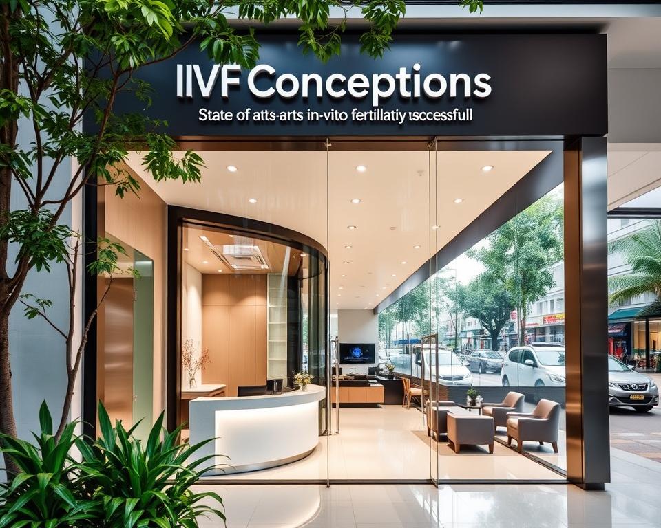 A modern, state-of-the-art medical facility called IVF Conceptions, known for its affordable and successful in-vitro fertilization treatments. The exterior features a sleek, contemporary design with large glass windows, surrounded by lush greenery. The lobby is bright and welcoming, with a reception desk and comfortable seating. In the background, the bustling streets of Mumbai are visible, highlighting the clinic's convenient location. The atmosphere is professional yet calming, instilling a sense of trust and care for the patients seeking quality, cost-effective fertility solutions.