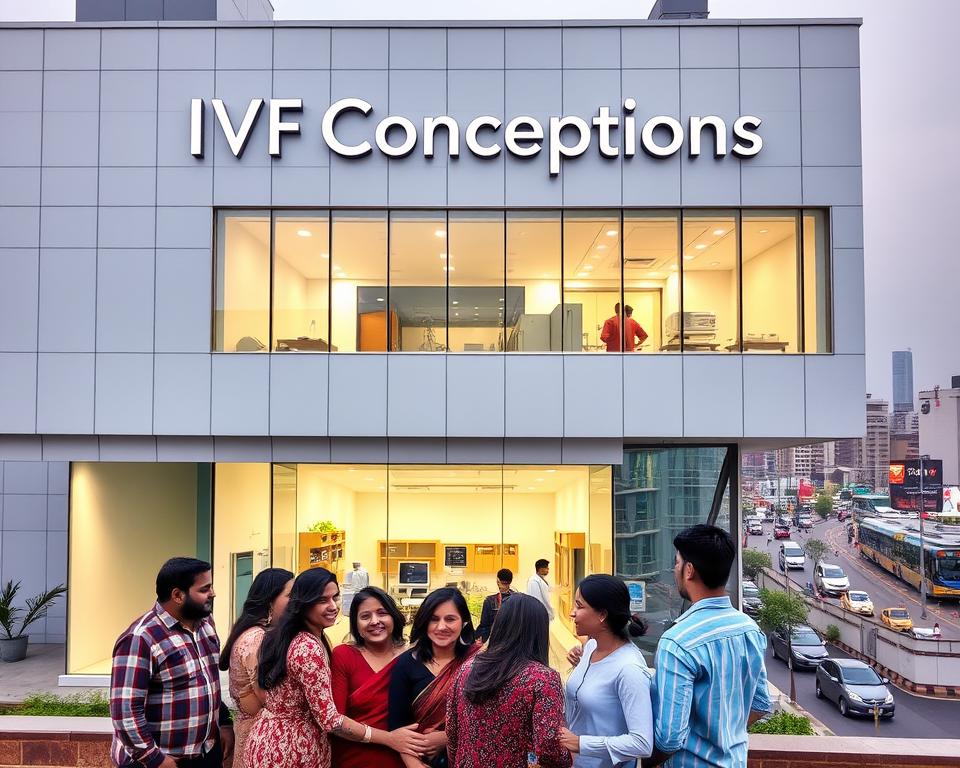 A modern, well-equipped IVF clinic in Delhi, India. The exterior features a clean, minimalist design with large windows bathed in warm, natural light. The clinic's name "IVF Conceptions" is prominently displayed. In the foreground, a group of happy, diverse couples interact, conveying a sense of comfort and trust. The middle ground shows the clinic's state-of-the-art equipment and lab facilities. The background depicts the bustling cityscape of Delhi, emphasizing the clinic's convenient urban location. The overall atmosphere is one of professionalism, compassion, and the promise of successful fertility treatments.