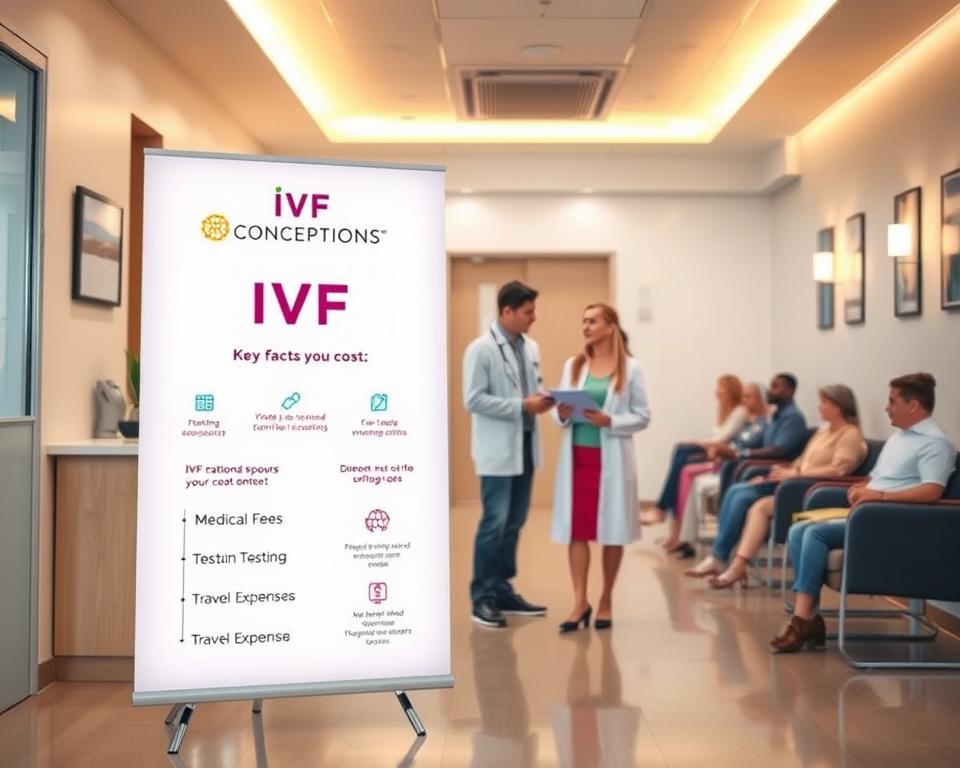 A professional, clean-looking medical clinic interior with warm lighting and modern, minimalist decor. In the foreground, a large display panel showcases "IVF Conceptions" branding and highlights key factors influencing IVF costs, such as medical fees, medication, testing, and travel expenses. In the middle ground, a doctor and patient discuss treatment options, while the background features other patients in the waiting area. The overall tone is informative, empathetic, and visually appealing to convey the seriousness and importance of the subject matter.