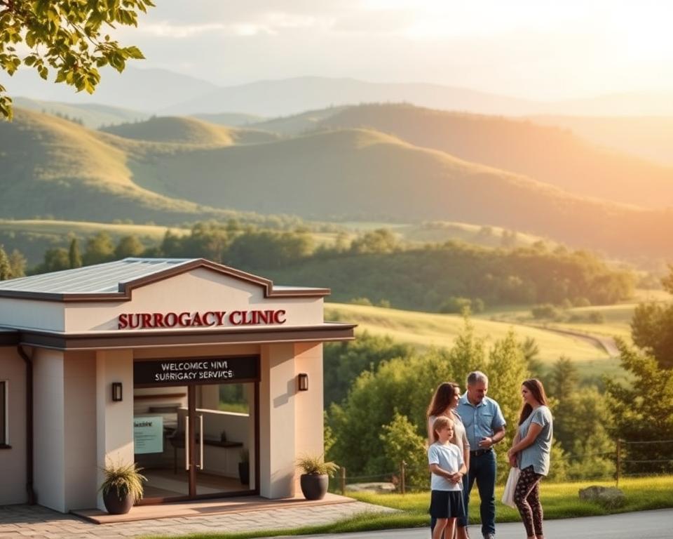 A serene Georgian landscape with rolling hills and lush greenery in the background, showcasing the natural beauty of the country. In the foreground, a modern, well-appointed surrogacy clinic with a welcoming facade and tasteful signage. The mid-ground features a family gathered, discussing the surrogacy process with a friendly staff member, conveying the warmth and professionalism of the surrogacy services. The lighting is soft and natural, creating a calm, reassuring atmosphere. The camera angle is slightly elevated, providing a comprehensive view of the scene and emphasizing the harmonious integration of the clinic within the Georgian countryside.