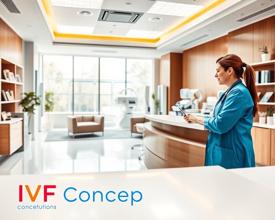 Prompt A modern, brightly lit clinic interior showcasing the "IVF Conceptions" brand. In the foreground, a patient consultation desk with a friendly medical staff member discussing affordable IVF treatment options. The middle ground features a waiting area with comfortable seating and informational brochures. The background depicts state-of-the-art medical equipment and a serene, calming atmosphere to put patients at ease. The lighting is warm and natural, with large windows allowing ample daylight. The overall tone is professional, welcoming, and conveys the clinic's commitment to providing accessible and high-quality IVF services in Delhi.