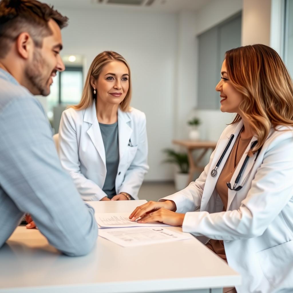 Female doctor consulting with couple about fertility options