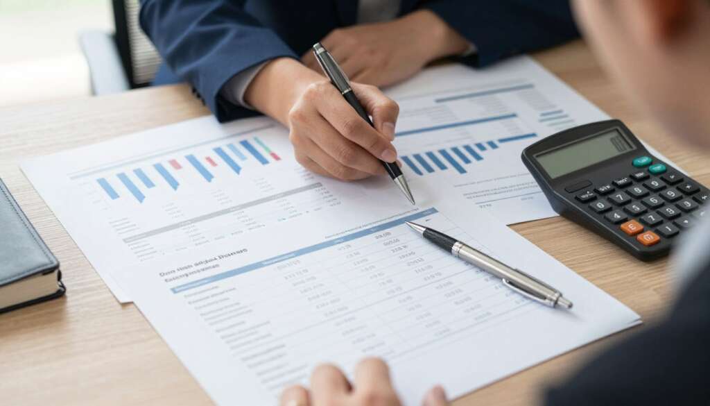 Financial planning consultation for surrogacy showing cost breakdown charts and calculator