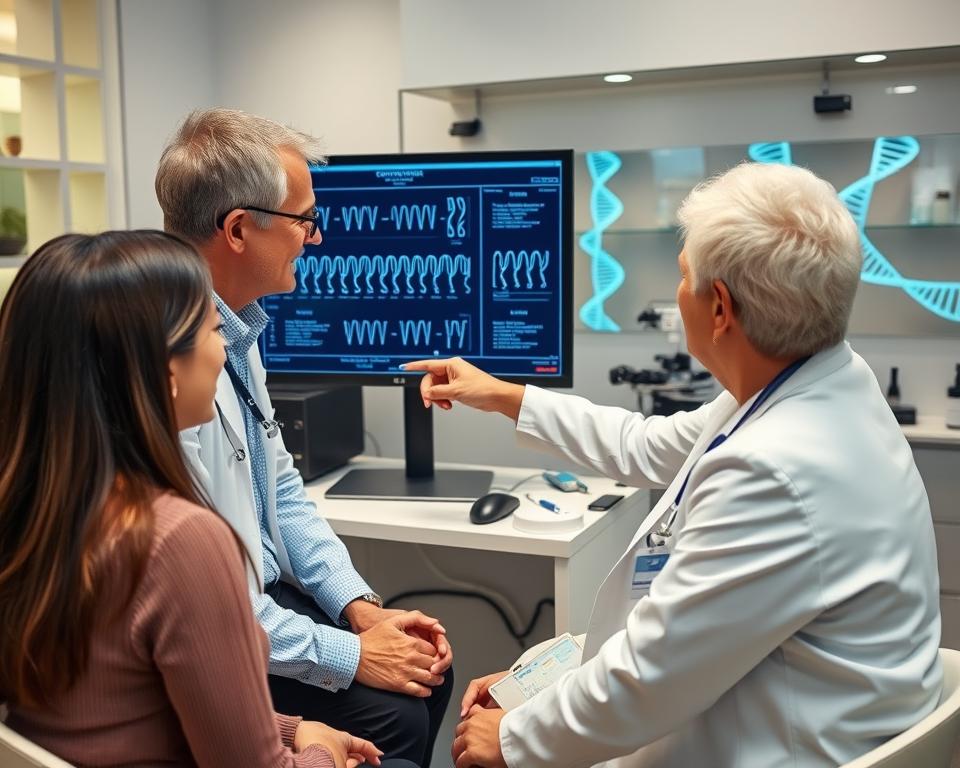 Genetic counselor explaining DNA testing results to intended parents with chromosomes visualization