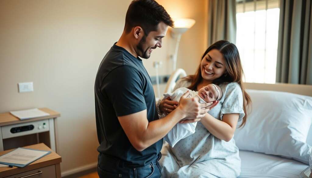 Happy intended parents holding their newborn baby with legal documents