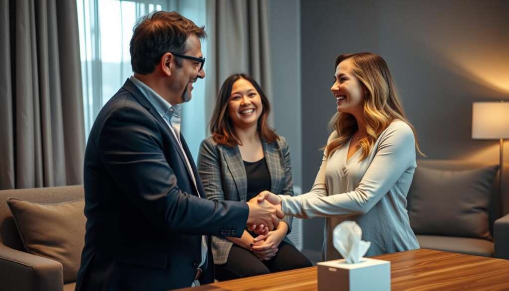 Intended parents meeting their matched surrogate mother for first time in welcoming environment