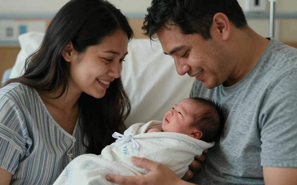New parents holding newborn baby in Georgian hospital