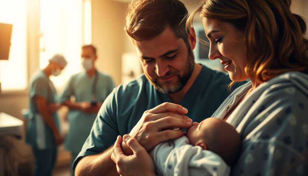 Newborn baby being held by intended parents for first time moments after birth in hospital