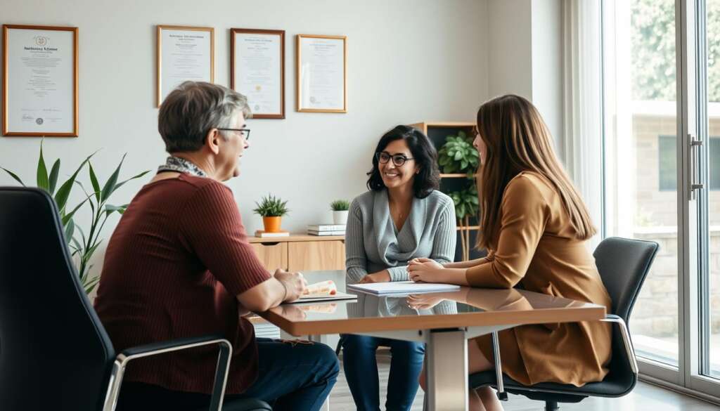 Professional intended parents meeting with surrogacy coordinator in modern Georgia clinic