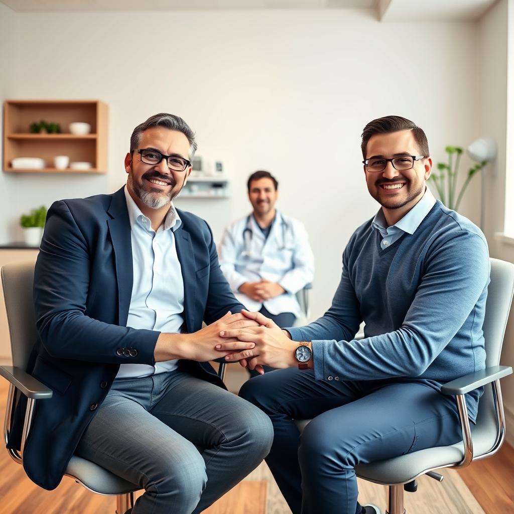 Same-sex male couple holding hands during consultation