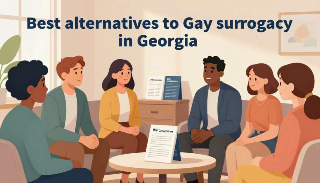 A serene and informative illustration depicting the best alternatives to gay surrogacy in Georgia. In the foreground, a diverse group of individuals representing various family structures, including same-sex couples and single parents, engaged in a friendly discussion. They are dressed in professional business attire, conveying a sense of trust and professionalism. In the middle ground, a welcoming consultation room filled with family planning brochures about adoption, co-parenting, and fostering, with the brand name "IVF Conceptions" prominently displayed on a stylish brochure. The background features soft, natural lighting filtering through large windows, creating a warm and hopeful atmosphere. The overall mood is supportive and optimistic, emphasizing the diverse pathways to parenthood available to families.