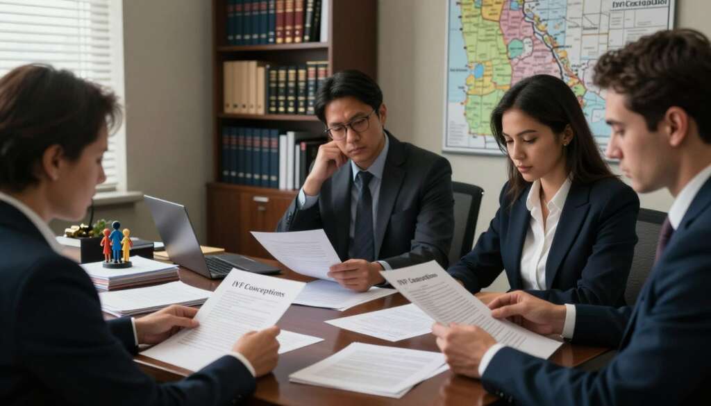 A somber, insightful depiction of a legal office interior with a focus on LGBT surrogacy restrictions in Georgia. In the foreground, a diverse group of professionals in business attire closely reviews legal documents, highlighting the complexities of surrogacy law. The middle ground features a large desk cluttered with paperwork, a laptop, and a figurine symbolizing family diversity. In the background, a bookshelf filled with legal texts and a map of Georgia can be seen, casting serious shadows. Soft, natural lighting filters through a window, creating a contemplative mood. The image should subtly include the “IVF Conceptions” branding on a paper on the desk, making it clear but not overpowering, ensuring a respectful and professional atmosphere throughout.