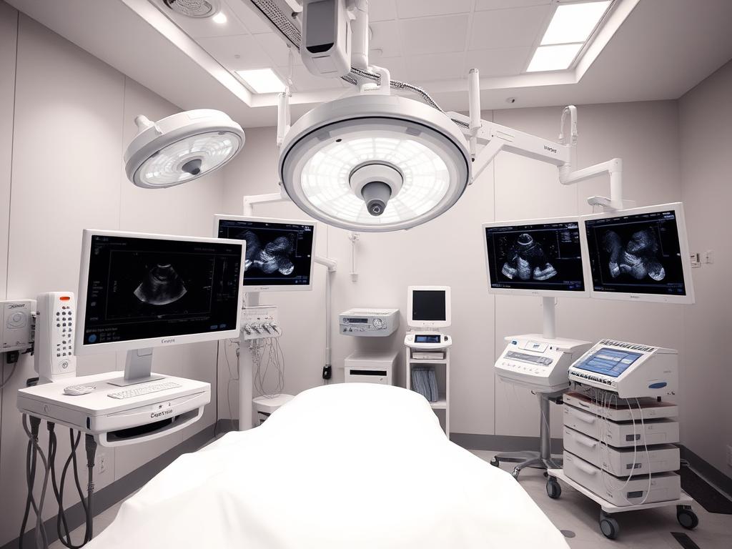 Egg retrieval procedure room with medical equipment and monitoring screens