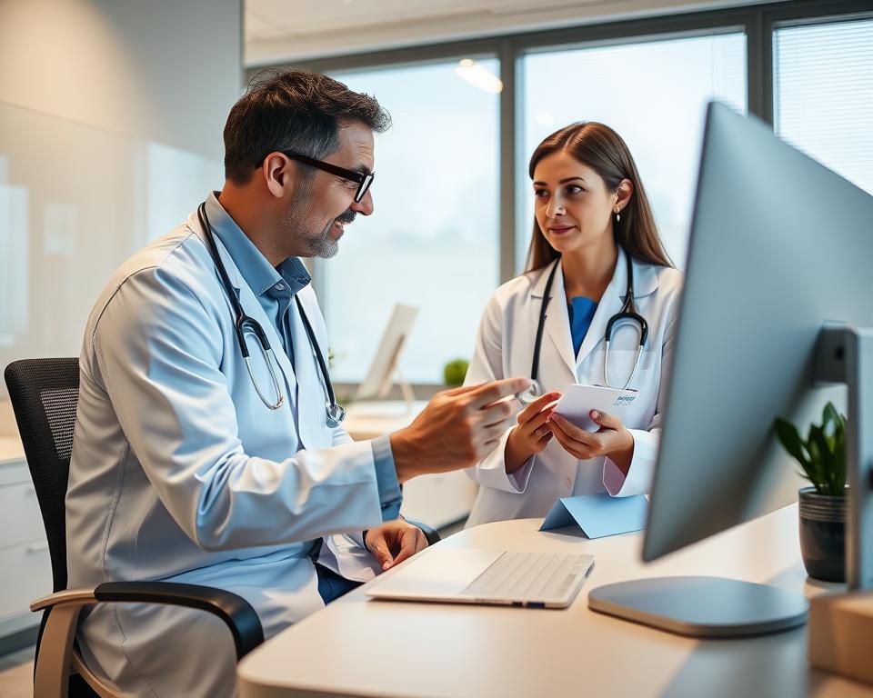 Fertility specialist reviewing test results with patient on computer screen