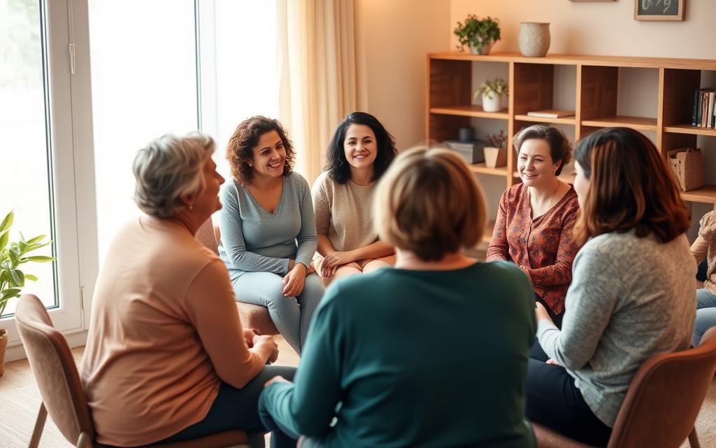 Support group meeting with women discussing fertility and family building options