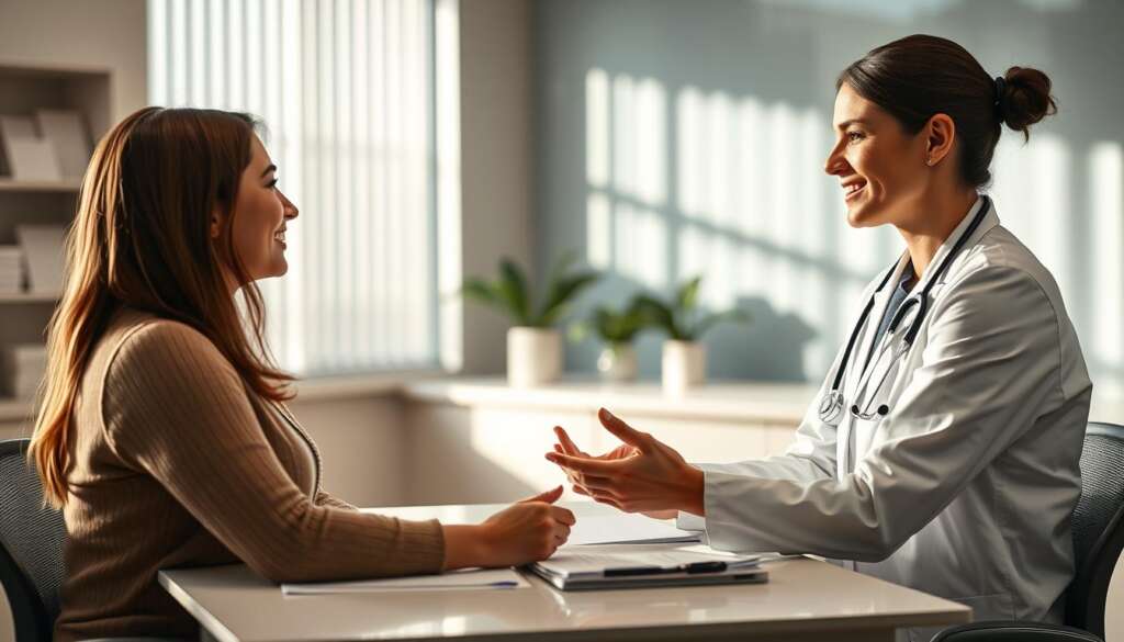 Woman consulting with fertility specialist about egg donation after hysterectomy