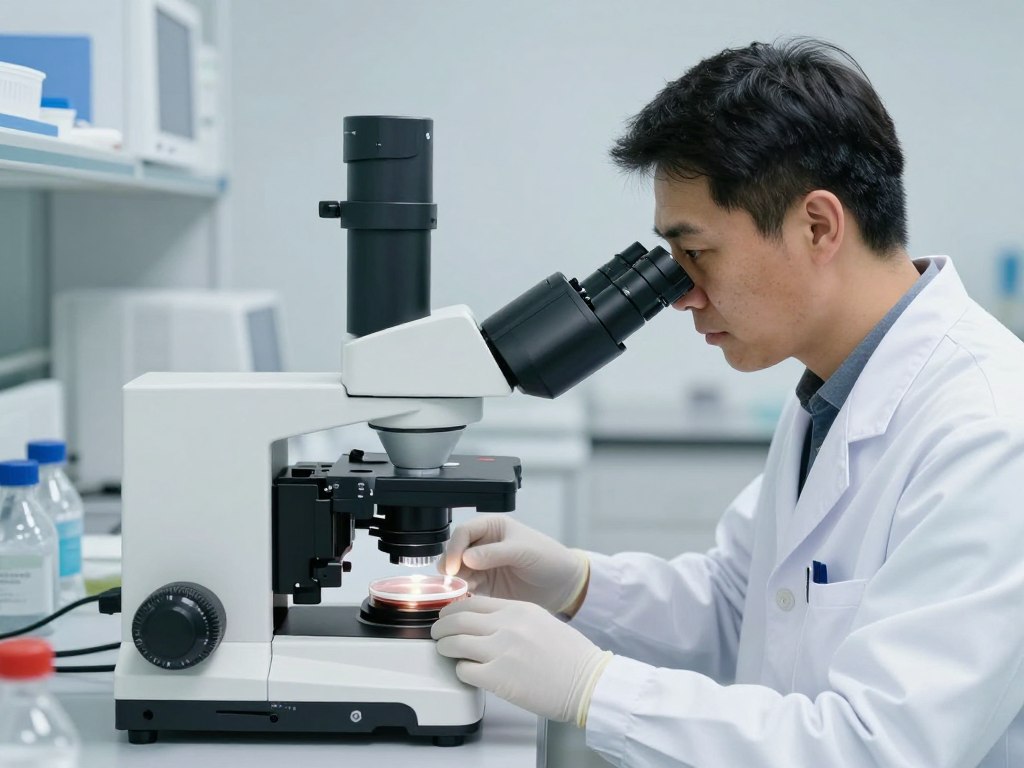Fertility specialist examining embryos in IVF laboratory