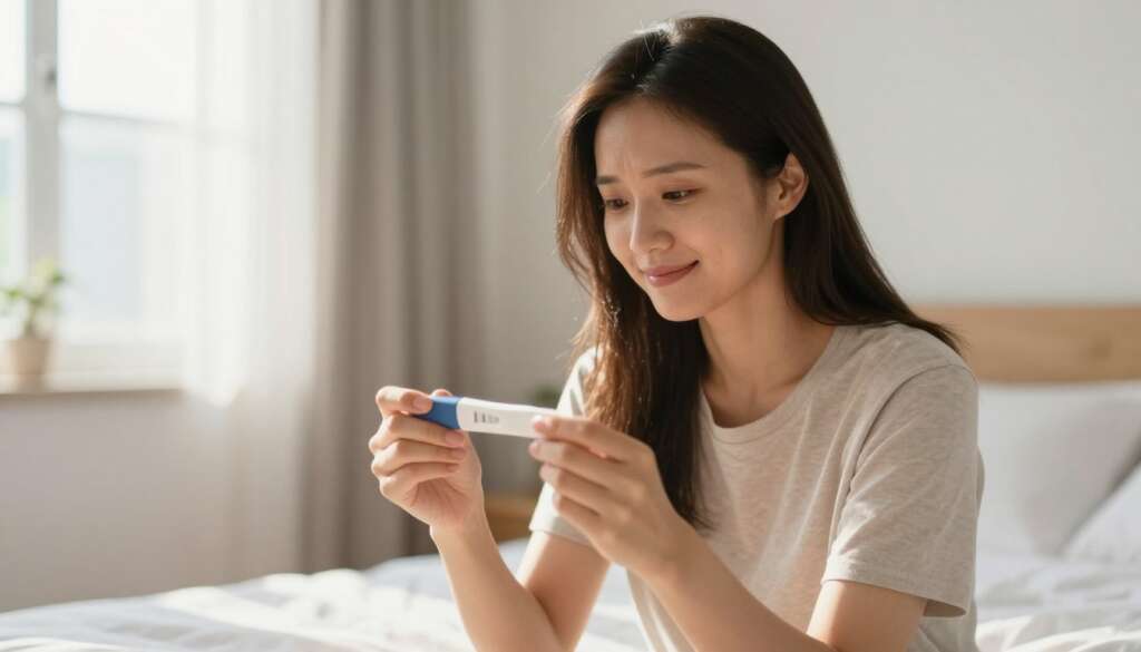 Hopeful woman looking at pregnancy test after miscarriage