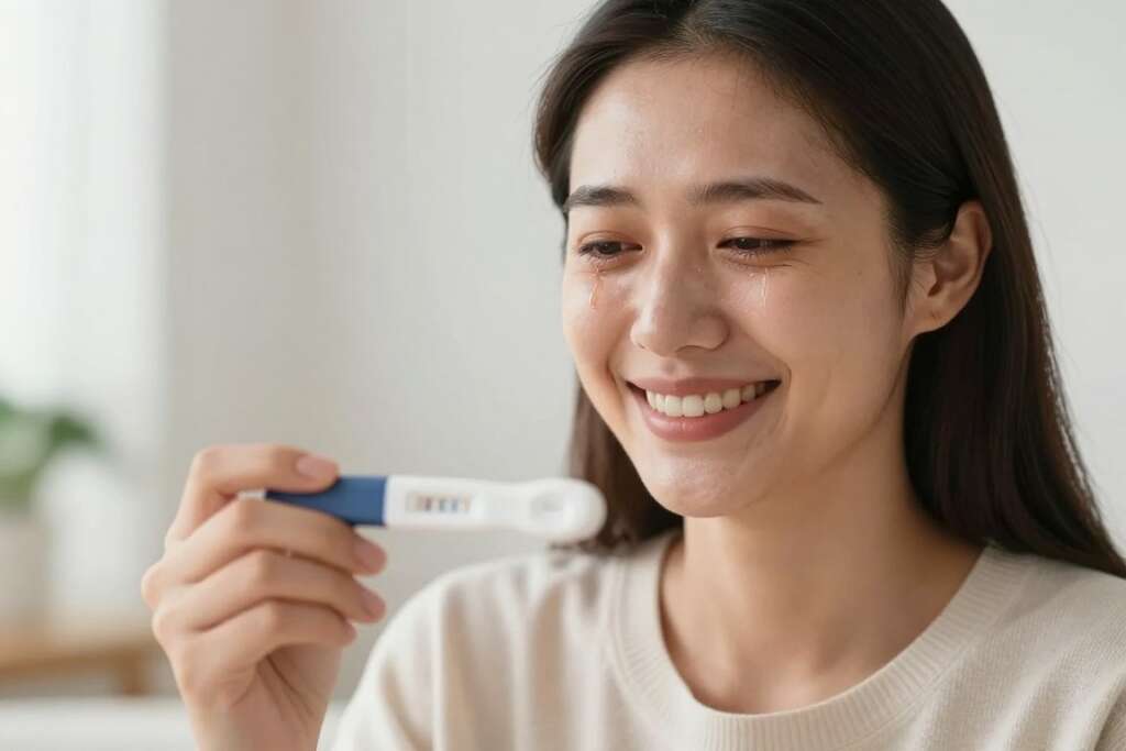 Pregnant woman after previous miscarriage showing positive test